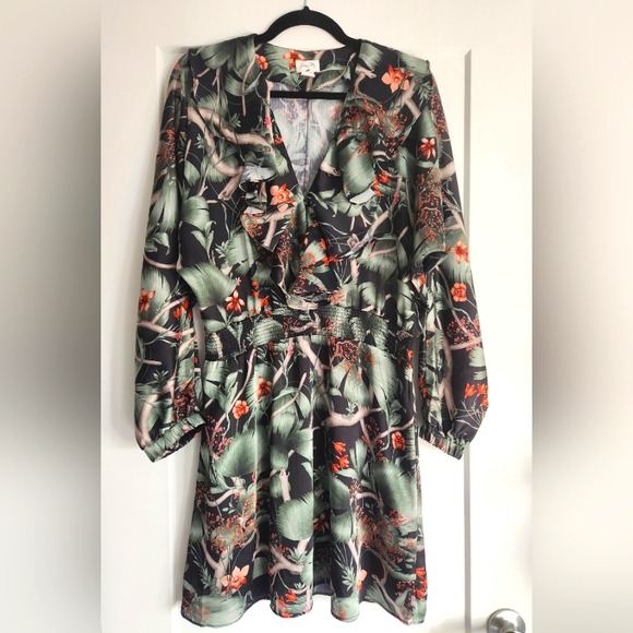 🌺Johanna Ortiz X H&M Floral Print Silky Dolman Sleeve Mini Dress, size M, Green - Picture 1 of 11